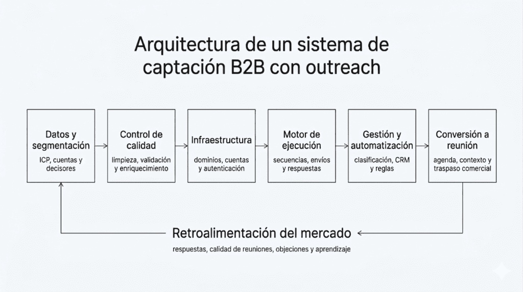 Arquitectura de un sistema de captación de clientes B2B con outreach, desde la segmentación inicial hasta la conversión a reunión y la retroalimentación del mercado.