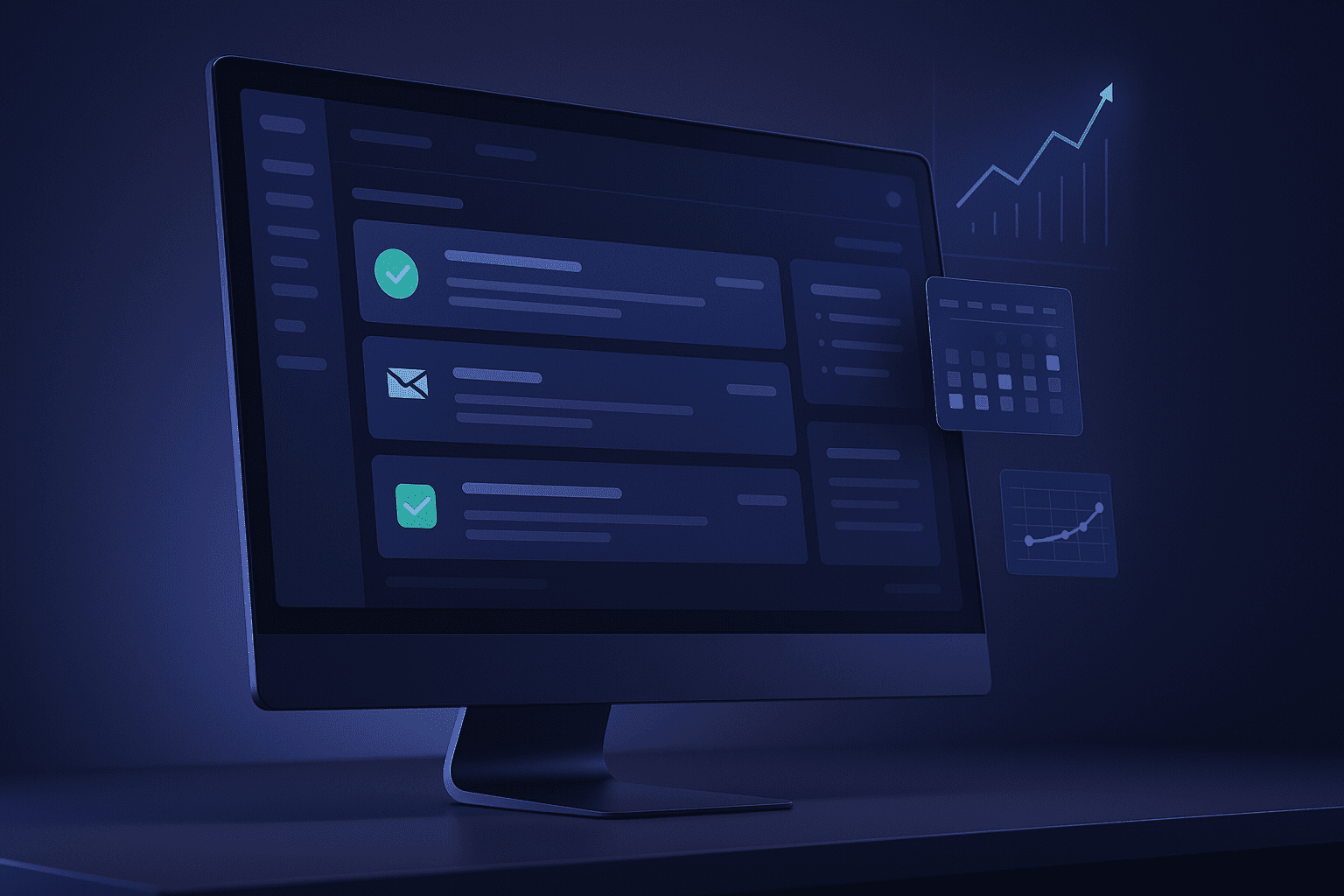 Pantalla de ordenador mostrando bandeja de entrada con métricas y calendario, ilustrando buenas prácticas para prospectar en frío de manera profesional.