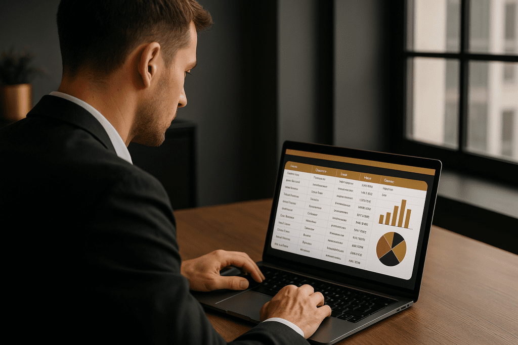 Persona en oficina analizando en su computadora una base de datos organizada con gráficos, representando cómo enriquecer la base de datos de prospectos B2B con información precisa y visual.