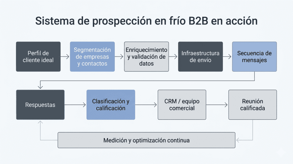 Diagrama de un sistema de prospección en frío B2B que muestra cómo pensar en sistemas en los negocios para generar reuniones calificadas.