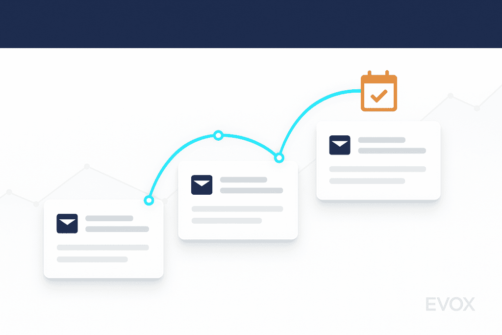 Ejemplos de correos en frío representados en una secuencia visual de emails que muestran cómo avanzar hacia reuniones efectivas en B2B. incertada en la introducción del artículo.
