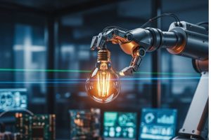 Brazo robótico sosteniendo una bombilla encendida, símbolo de innovación y eficiencia del marketing automation en empresas B2B.