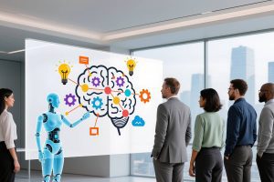 Robot presentando estrategias de ventas a un equipo empresarial, símbolo de la integración de inteligencia artificial en la habilitación comercial B2B.