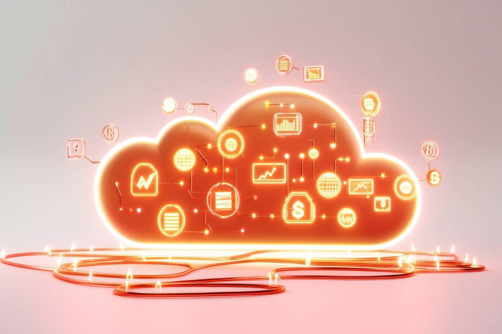 Nube digital con inteligencia artificial que representa la migración tecnológica y la automatización de datos en la transformación empresarial.