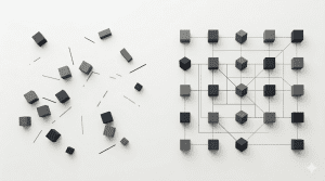 Pensar en sistemas en los negocios comparación visual entre bloques desordenados y una estructura conectada que representa un sistema organizado