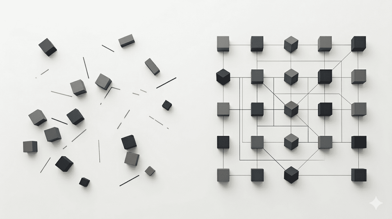 Pensar en sistemas en los negocios comparación visual entre bloques desordenados y una estructura conectada que representa un sistema organizado