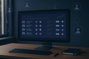 Monitor moderno en oficina mostrando interfaz de Prospección en frío B2B con lista de contactos, iconos de correo y LinkedIn, y conexiones en red.