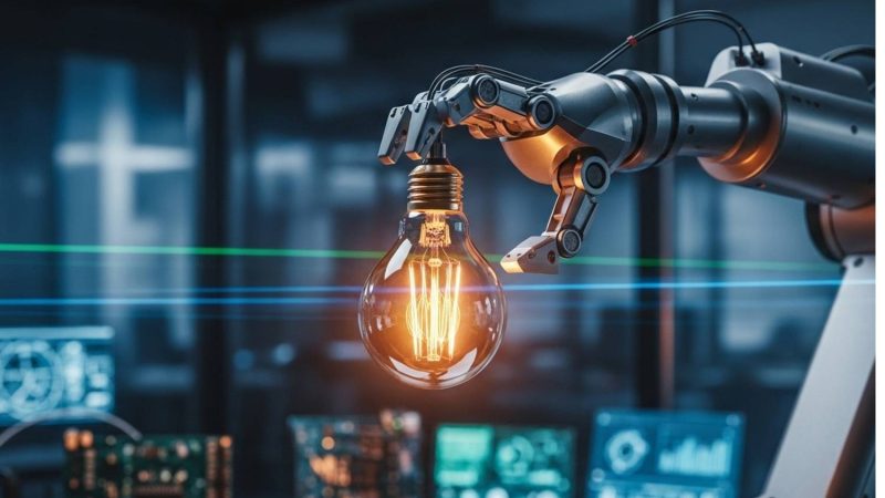 Brazo robótico sosteniendo una bombilla encendida, símbolo de innovación y eficiencia del marketing automation en empresas B2B.