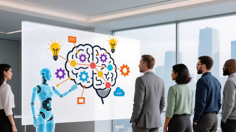 Robot presentando estrategias de ventas a un equipo empresarial, símbolo de la integración de inteligencia artificial en la habilitación comercial B2B.