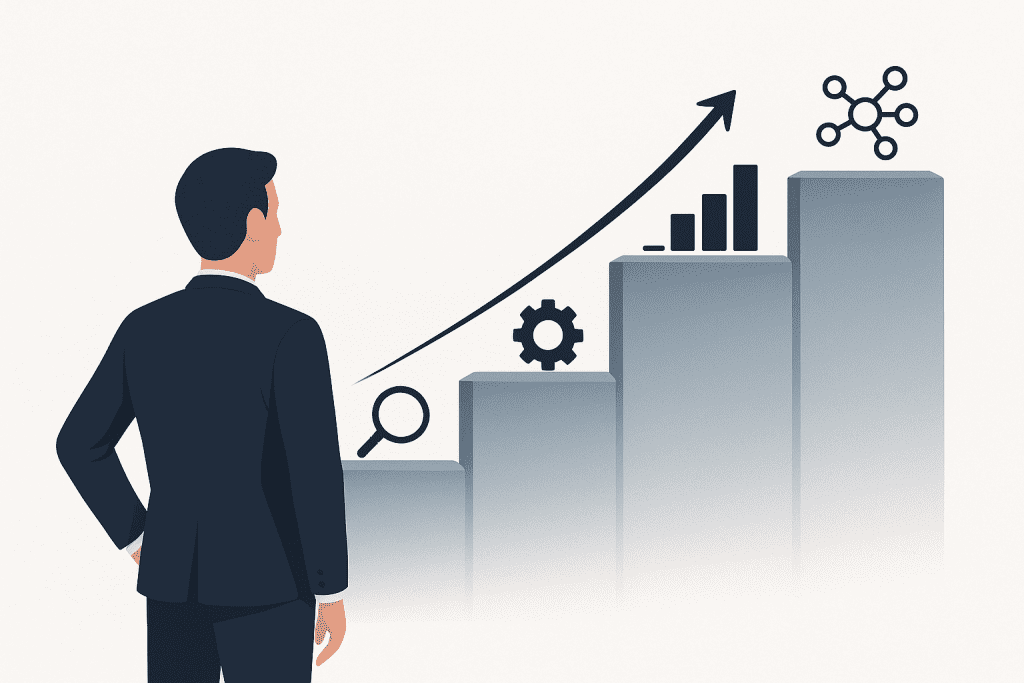 Ilustración de un profesional observando una escalera de valor ascendente, que simboliza cómo aumentar el valor por cliente en negocios de servicios a través de procesos estructurados y acompañamiento progresivo.
