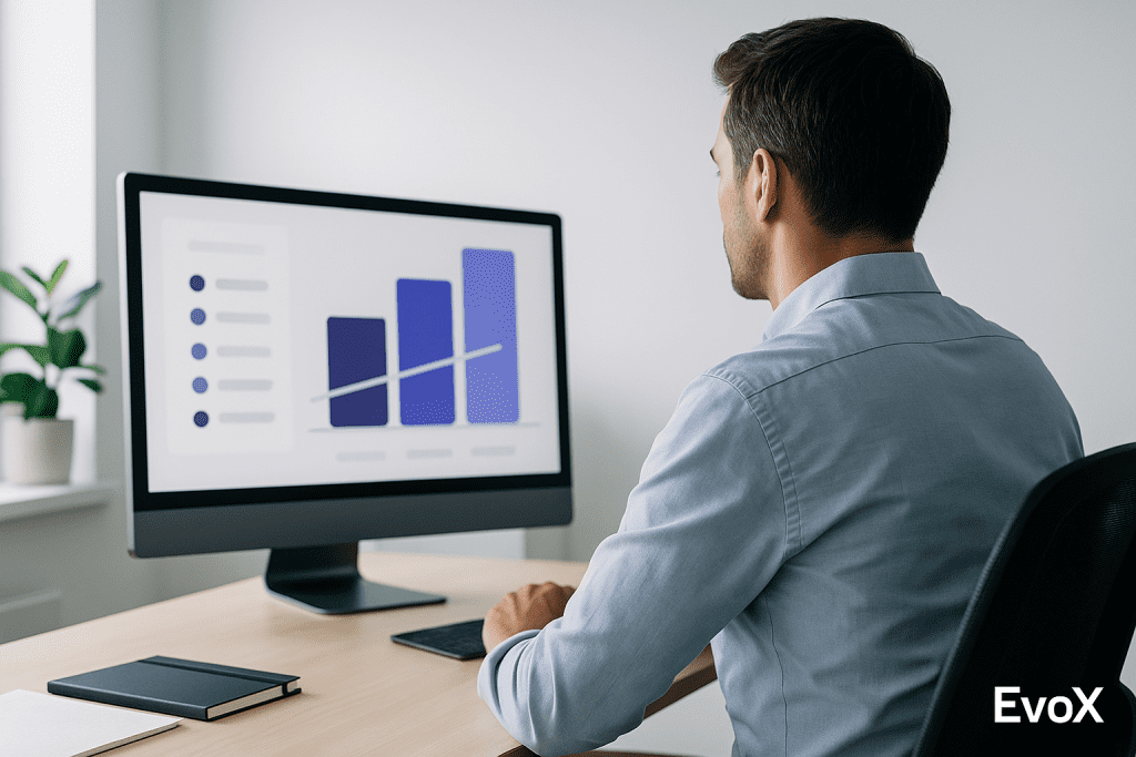 Profesional analizando estrategias para generar leads calificados B2B en una pantalla, en una oficina moderna con estética limpia y entorno estratégico.