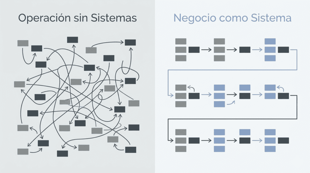 Comparación visual que explica pensar en sistemas en los negocios frente a una operación desordenada sin estructura.