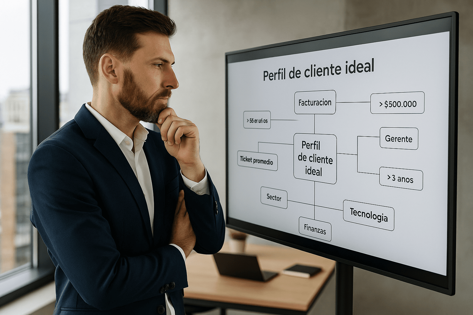 Dueño de una agencia B2B analizando en pantalla los elementos clave para construir su perfil de cliente ideal, incluyendo variables como facturación, ticket promedio y rol decisor, en un entorno de oficina profesional y moderno. Imagen representativa para el artículo “Cómo definir el perfil de cliente ideal (ICP) para servicios”.